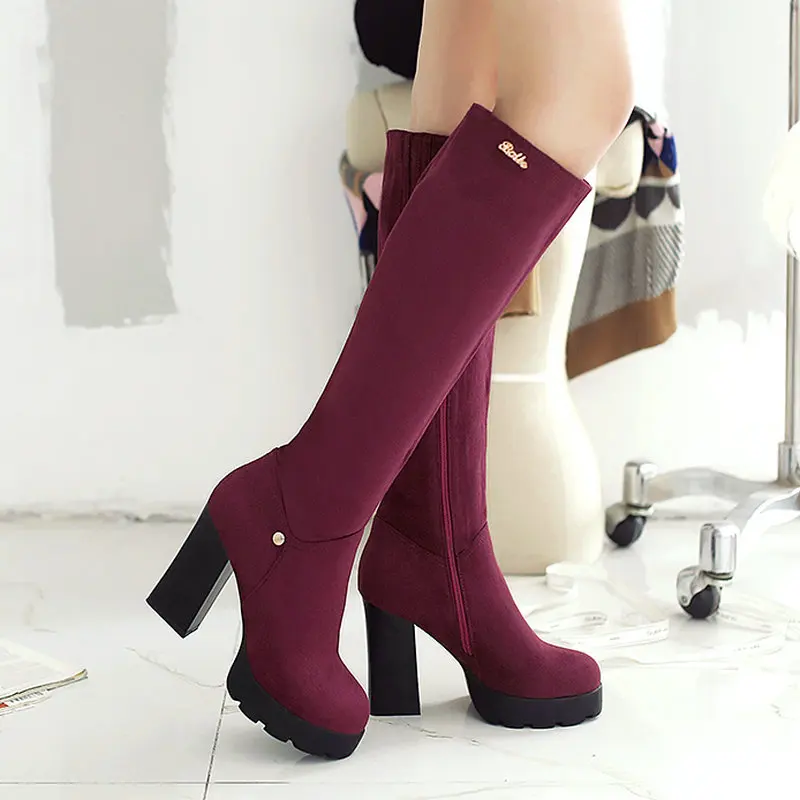 

2021 Women Boots Platform Knee High Boots Thick High Heel Long Boots Flock Zipper Autumn Winter Round Toe Woman Shoes Size 43