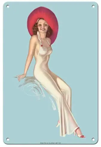 Fashion Model with Red Hat - Pin Up Girl Poster by Billy DeVorss c.1940s Metal Tin Sign | Дом и сад