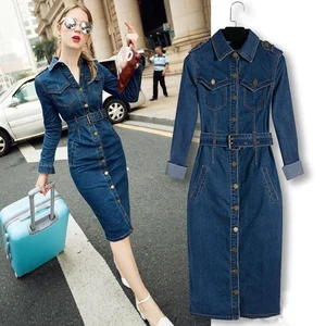 Women Denim Dress Winter Office Slim Jeans Mid-Cuff Dress Cowboy Dress With Belt for Women Jeans Dress