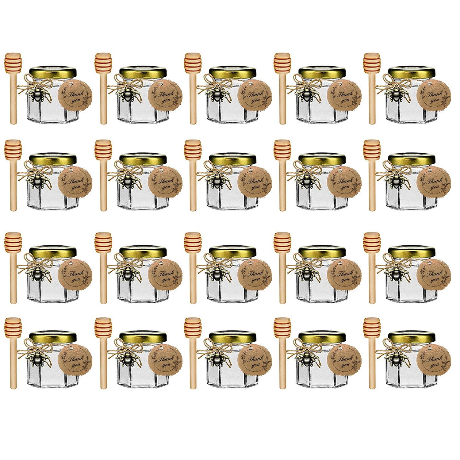 Mini Hexagonal Glass Honey Jars-Small Honey Jars-with Gold Lids for Baby Shower, wedding and Party Favors