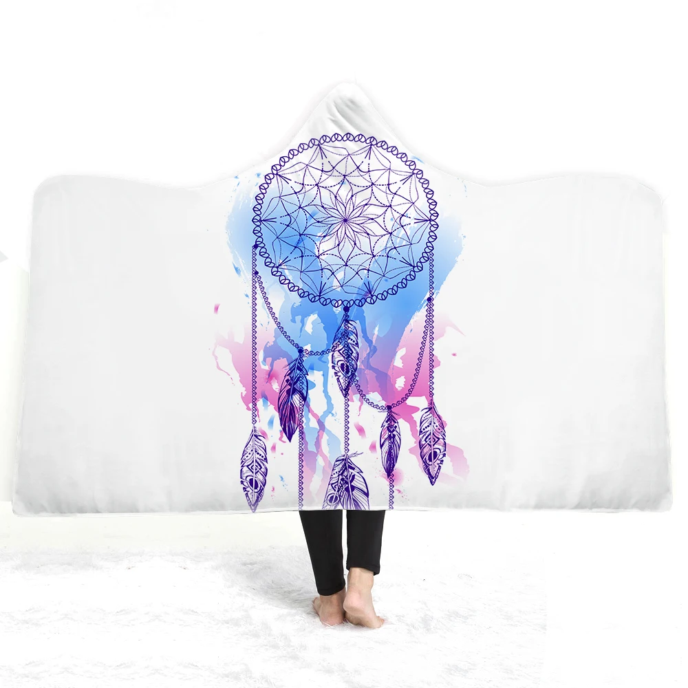 Watercolored Parrot Dreamcatcher Feather Print Microfiber Warm Thick Blanket for Teens Wearable Hooded Throw Blanket 150x200cm