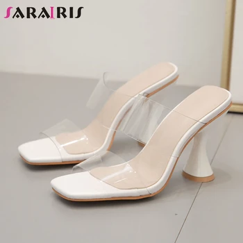 

SARAIRIS Ins Hot Ladies Summer Slippers Square Toe PVC High Heels Slippers Women Casual Slip On Oudoor Solid Shoes Woman
