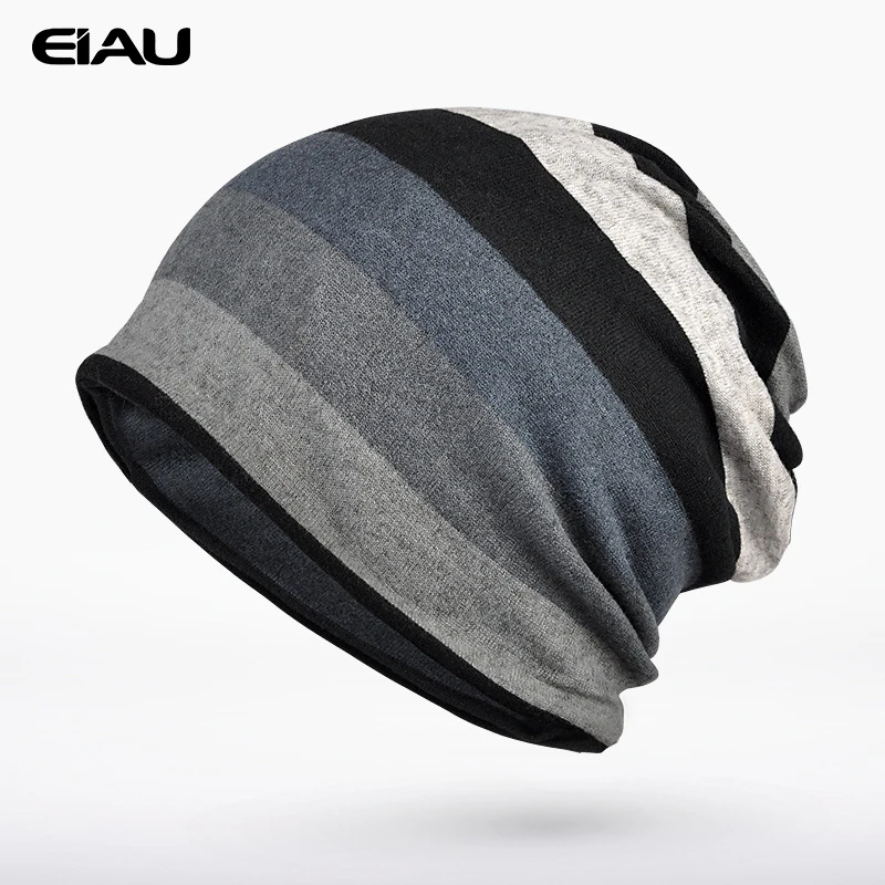 Женские шапочки Skullies, двойные вязаные кепки с полосками, мягкие бархатные шапки для женщин, удобная осенне-зимняя шапка двойного назначения
