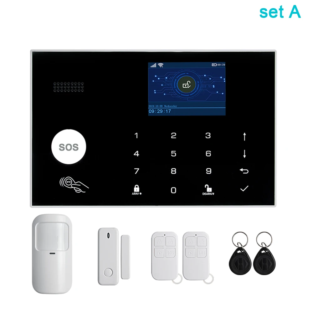 Awaywar Tuya 433 МГц Беспроводная wifi GSM RFID система охранной сигнализации комплект приложение дистанционное управление охранный умный дом PIR дверной детектор - Цвет: Set A