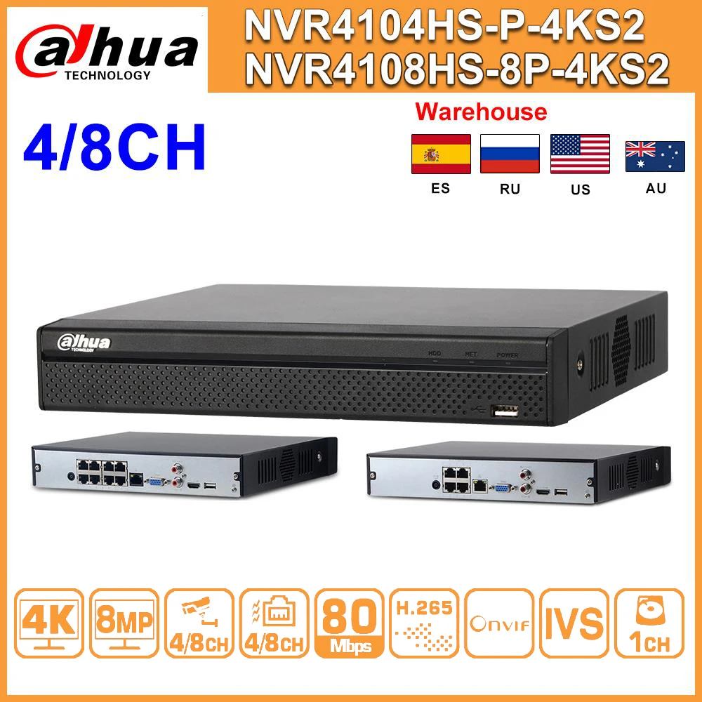 Dahua оригинальный NVR2104HS P S2 NVR2108HS 8P 4/8 CH POE NVR 1U PoE сетевой видеорегистратор Full HD 6MP