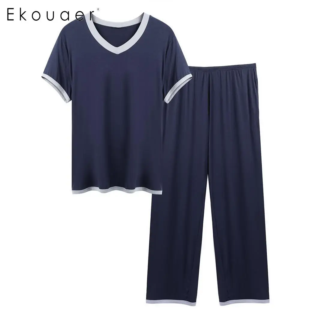 

Ekouaer Women Plus Size Pajamas Set Sleeepwear Solid Short Sleeve Tops Long Pants Pajama Sets Female Nightwear Home Suit
