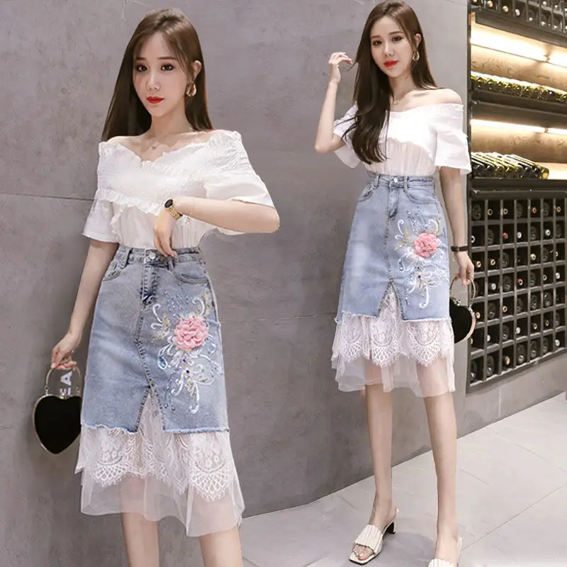 

Summer new pure and fresh chiffon coat embroidered denim skirt two-piece suit high-waisted Mesh wrap-hip skirt
