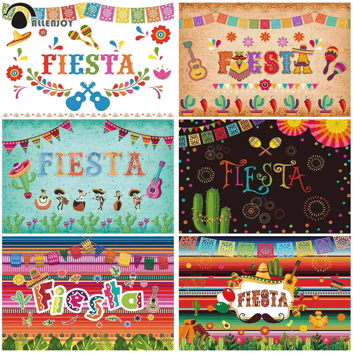 Allenjoy Fiesta Junina Party Mexican Theme Photography Backdrop Banner Cactus Guitar Decor Flags Birthday Photo On The Wall | Дом и сад