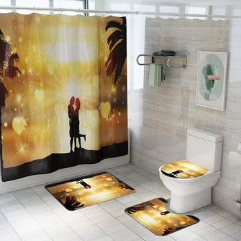 

4Pcs Valentine's Day 3D Anti Slip Bathroom Rugs Set Waterproof Shower Curtain Pedestal Rug Lid Toilet Cover Bath Mat Home Decor