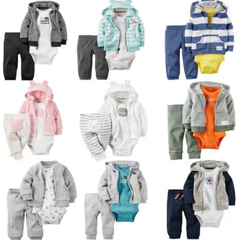

Spring and autumn kids boys girls clothes 3pcs Cotton jumpsuit romper jacket Pants sets