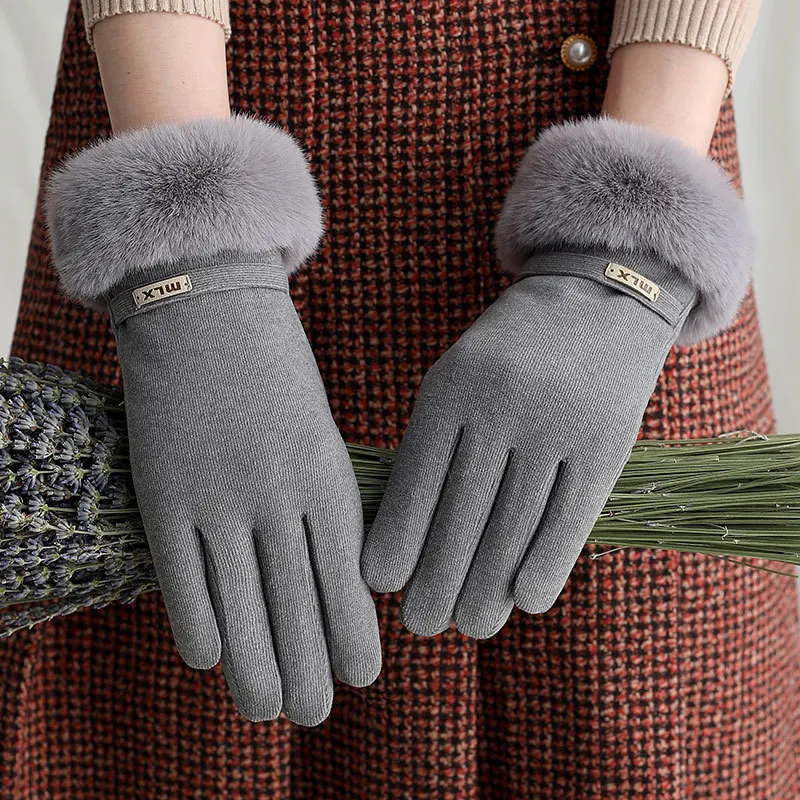 

Women Double Thick Velvet Plush Wrist Touch Screen Driving Gloves Winter Female Cashmere Warm Letter Sport Cycling Mittens I11