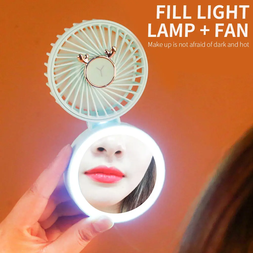 2 в 1 Мини Портативный шейный вентилятор со светодиодным зеркалом для макияжа USB
