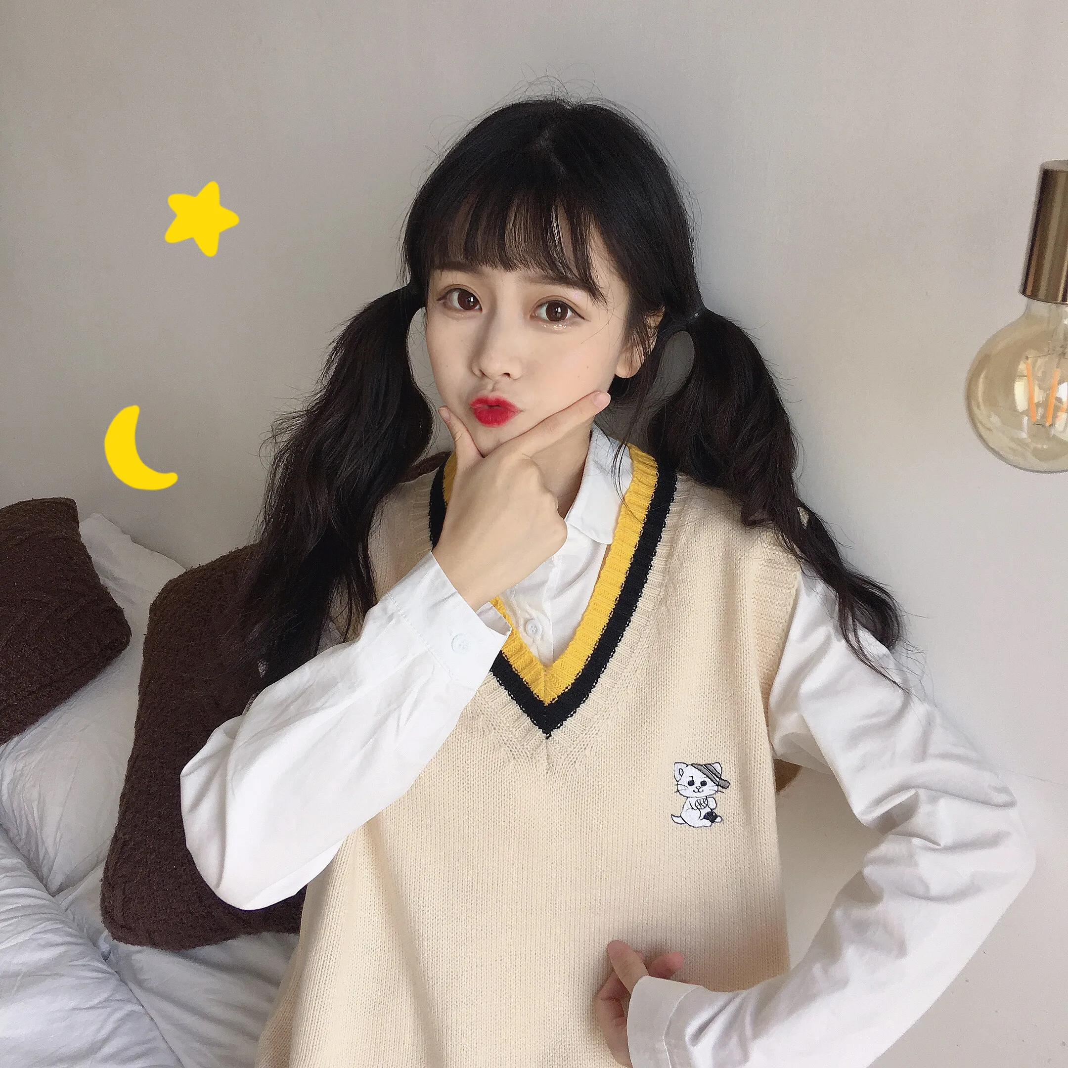 Вязаный женский жилет маленькая кошечка Япония Kawaii полосатый v-образный вырез уличная одежда Один размер Свободная одежда оверсайз с рисунком кота C2