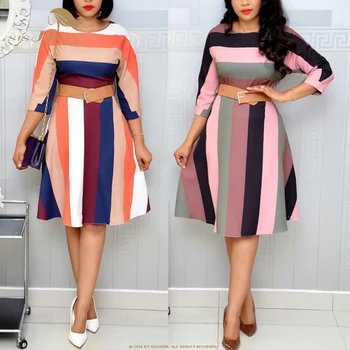 

SISHION Casual Striped Print A-line Party Midi Dress 2020 Spring Dresses Women Plus Size Three Quarter Sleeve Dress QY0811