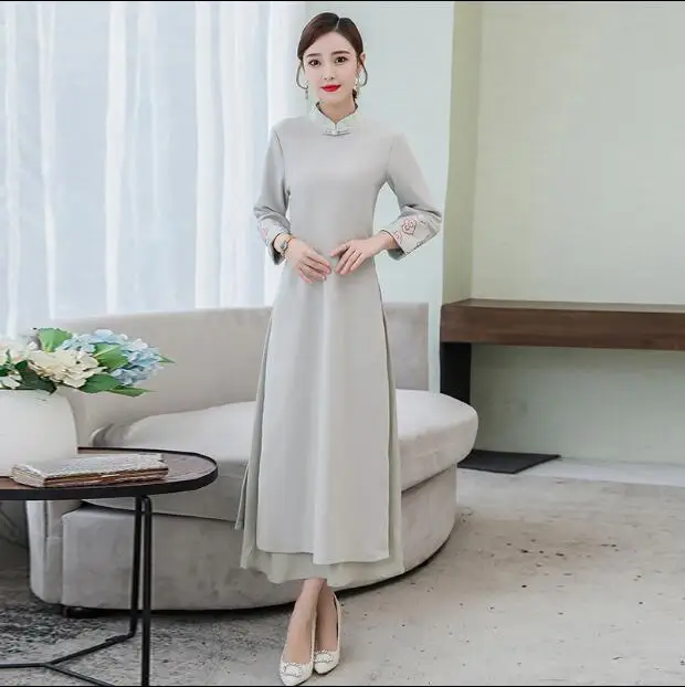 Китайское платье, винтажное китайское платье Cheongsam, Восточное осеннее вьетнамское платье Ao dai