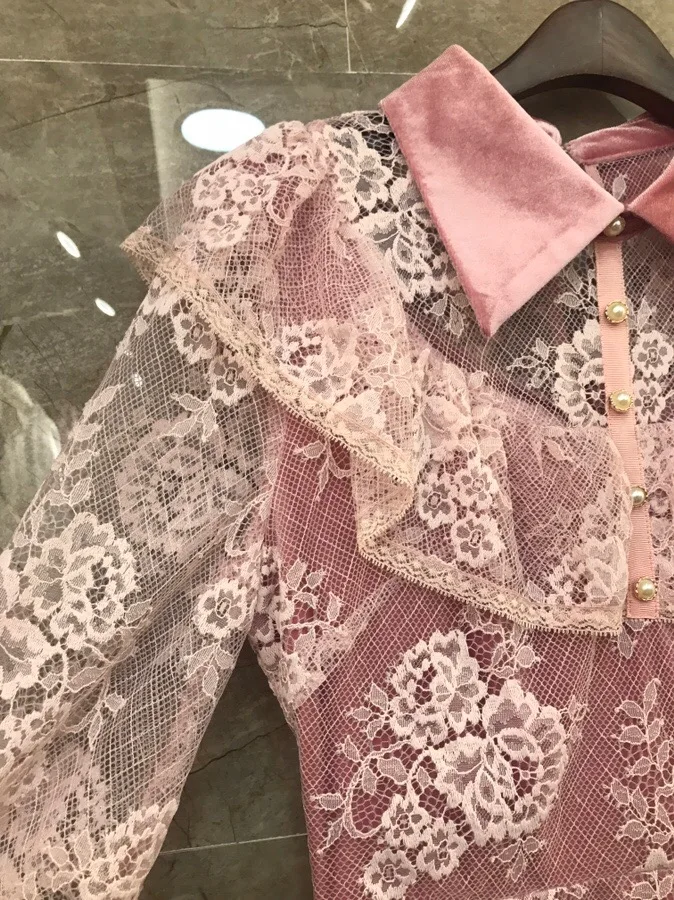 Новое поступление элегантное модное платье с кукольным воротником ажурное кружевное платье с длинным рукавом 2 цвета черный и розовый по всему миру