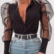 Женские черные сетчатые рубашки, сексуальные прозрачные однобортные Блузы с пышными рукавами и v-образным вырезом, топы