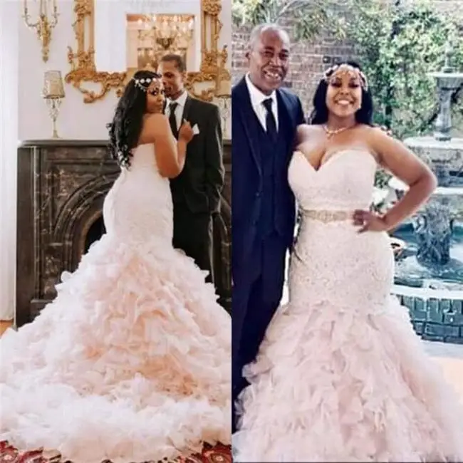 

African Plus Size Mermaid Wedding Dresses With Sash Beads Sequins Sweetheart Ruffles Back Lace Up Custom Made Bridal Gowns