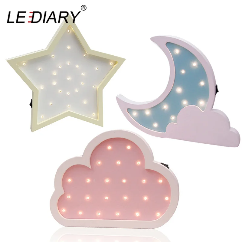 

LEDIARY Wooden Night Light Bedside Lamp Moon Star Cloud LED Night Light Ramadan Room Decoration For Baby's Children's Bedroom