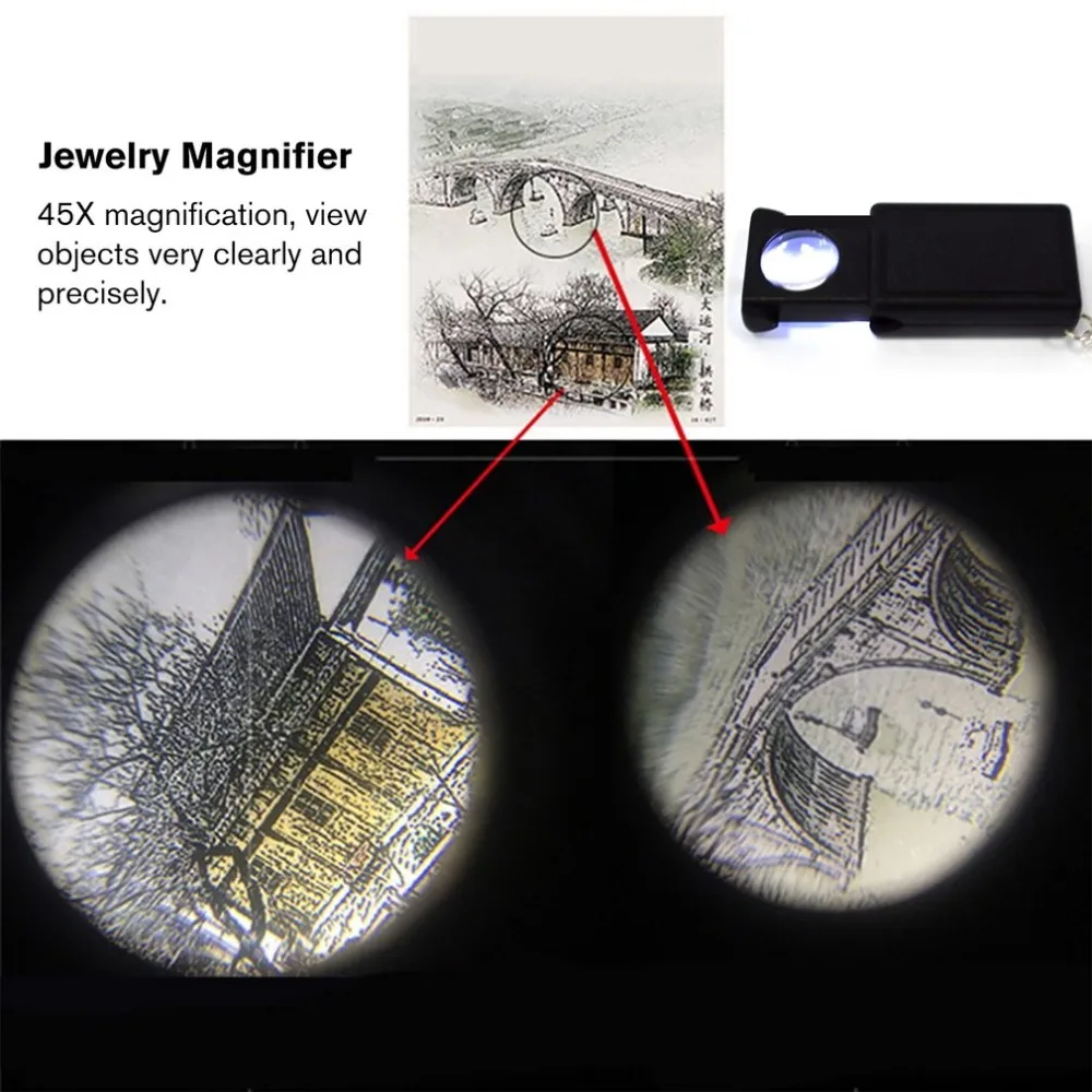 45X лупа мини-микроскоп Ювелирные изделия антиквариат идентификация увеличительное стекло выдвижной переключатель Лупа Стекло светодиодный светильник
