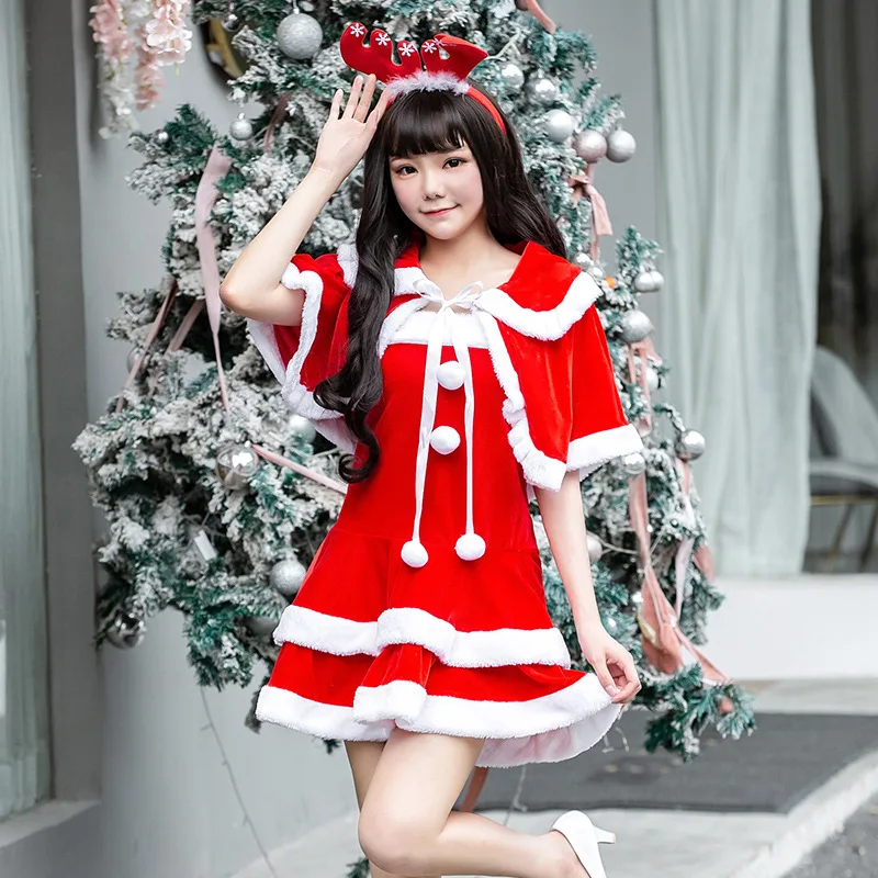 

Christmas Costume 2019 Red Velvet Shawl and Mini Dress Women Party Santa Claus Cosplay Xmas Uniform Outfit