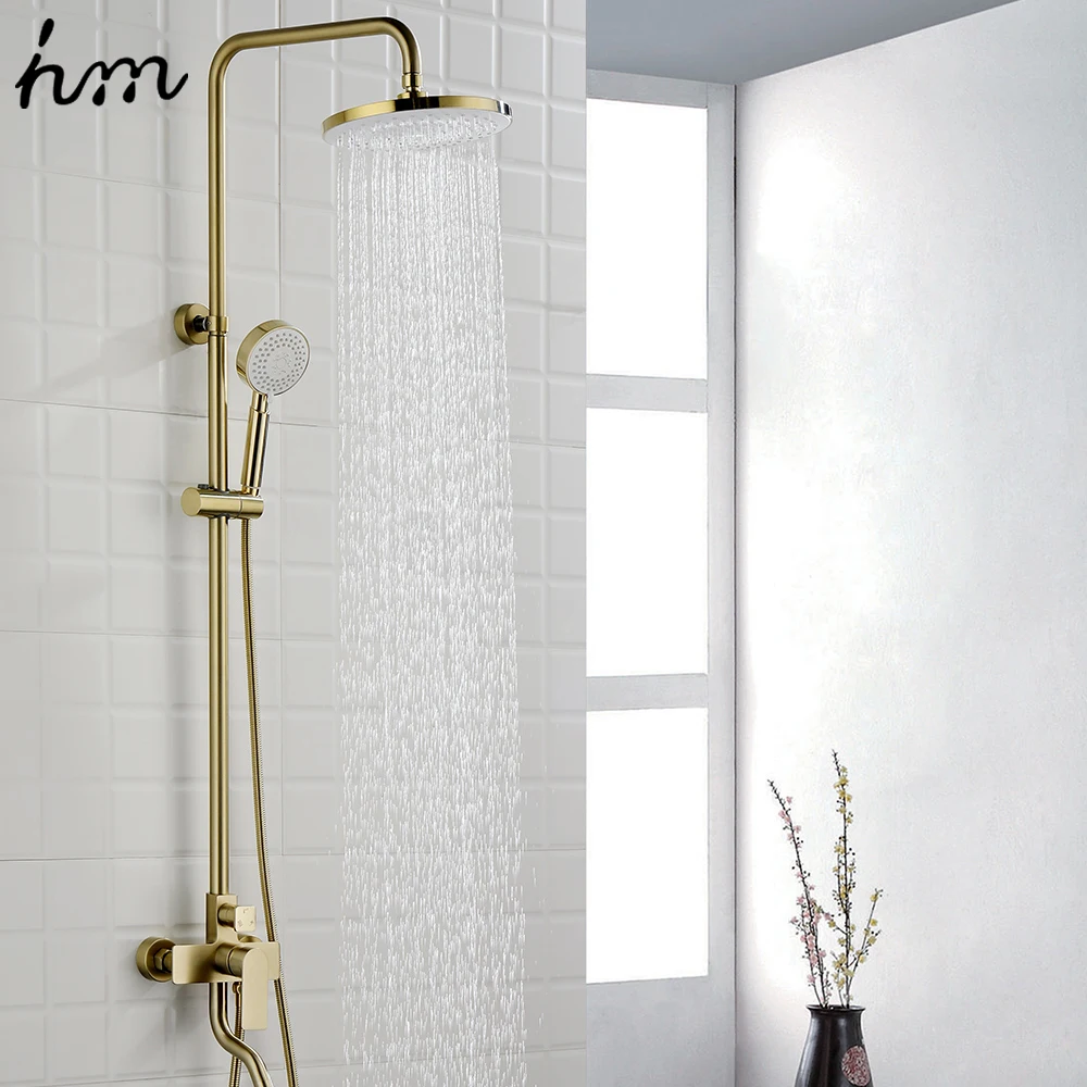 

hm Shower System Shower Faucet Set Bathroom Brass Brushed Gold 9" Rain Shower Head Wall Mounted Shower Set Brushed Gold