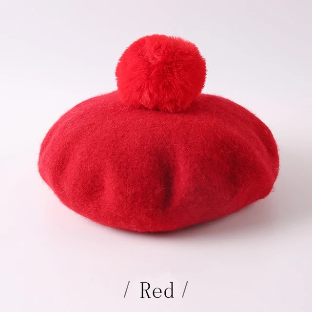 Children Pompoms Beret Hat Solid Color Octagonal Cap Girls Winter Wool Painter Hats For 1-3 Years Kids Red