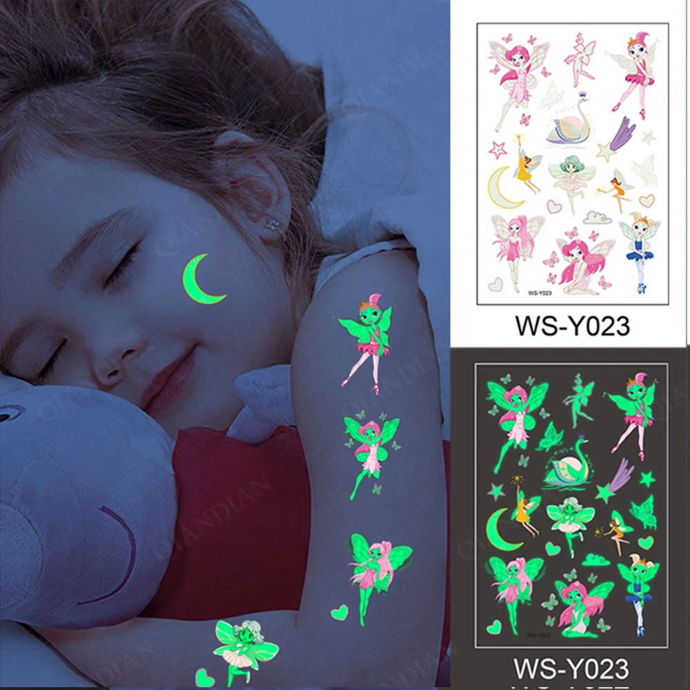 Tattoo Sticker Luminous Night Temporary Tattoo Sticker Children Unicorn Stars Dinosaur Car Animal Cartoon Waterproof Body Art