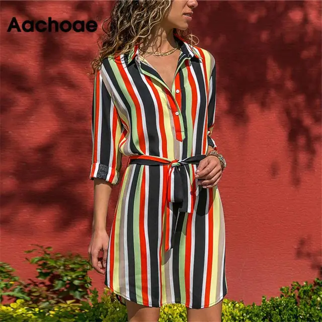 Aachoae Long Sleeve Shirt Dress 2020 Summer Boho Beach Dresses Women Casual Striped Print A-line Mini Party Dress Vestidos 1