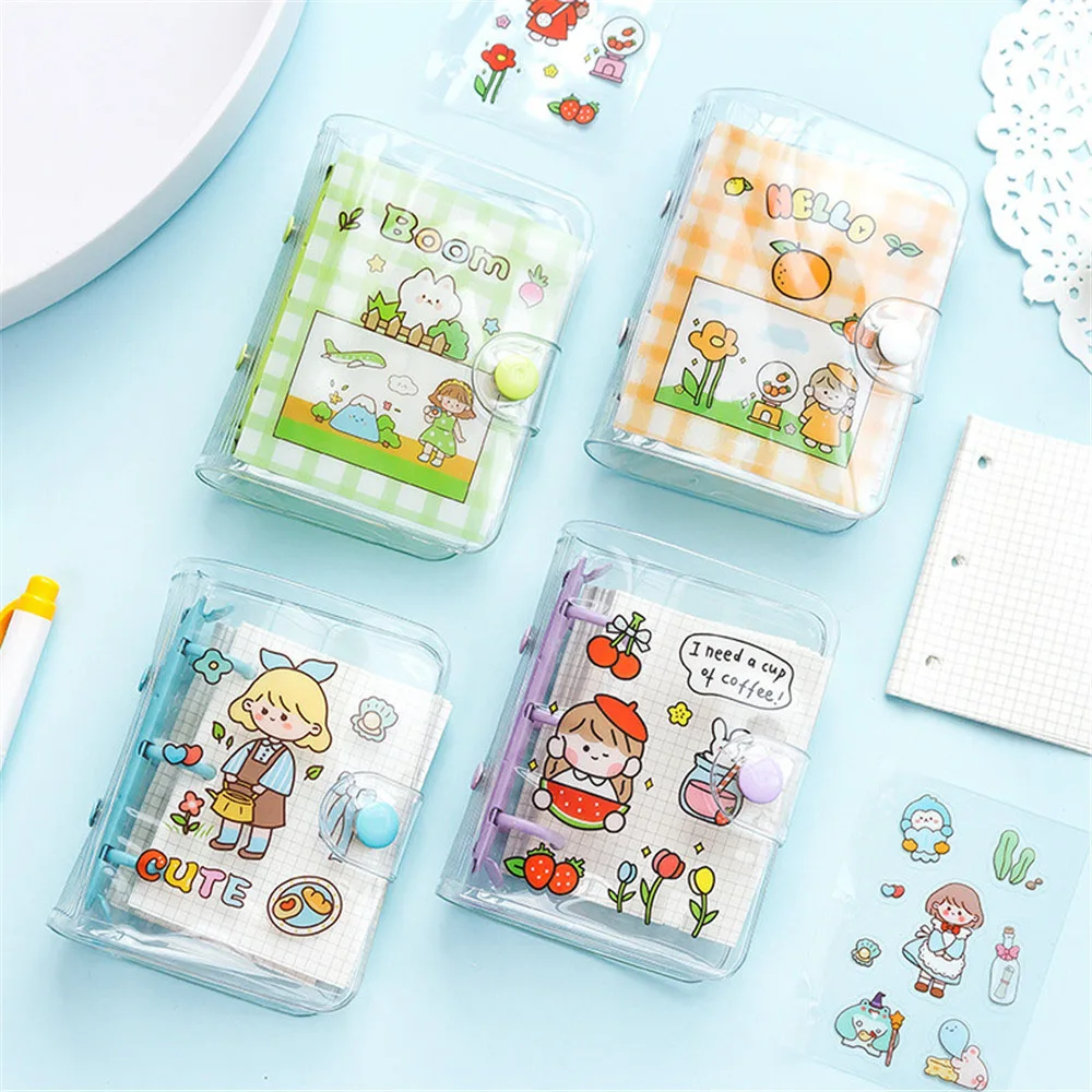 

Cute Girls Mini Transparent Loose-leaf Notebook 3 Hole Binder Ring Coil Hand Book Diary Shell Card Holder Korean Stationery