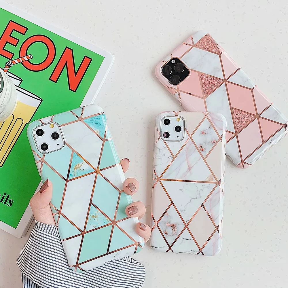 

Plating Marble Phone Case for IPhone11 Pro Coque Geometric Case for IPhone11 Pro Max Case X XS XR Soft IMD Full Protective Cover