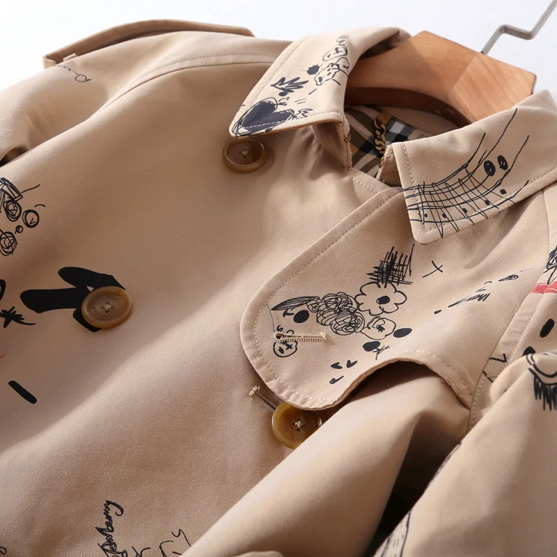 Europe And America Printed Stand Collar Joint WOMEN'S Trench Coat Autumn WOMEN'S Dress Lace-up Waist Double Row Mouth Coat