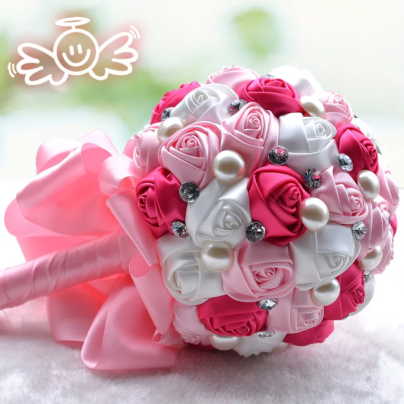 Sparkly Rhinestones Crystal Wedding Bouquet Pink Satin Pearls Beaded Bridesmaids Flower Girls Holding Flowers Bouquets