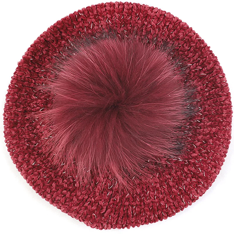 wine red B New Fashion Women Winter Chenille Material Berets Beanies With 15 cm Raccoon fur ball pompom Lady warm Knitted Skull Hat - Color: wine red B