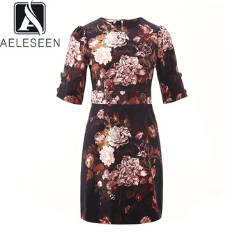 

AELESEEN 2020 Spring Retro Runway Floral Slim Fit Dresses office Lady Luxury Diamonds Flower Button Vintage Design Mini Dress