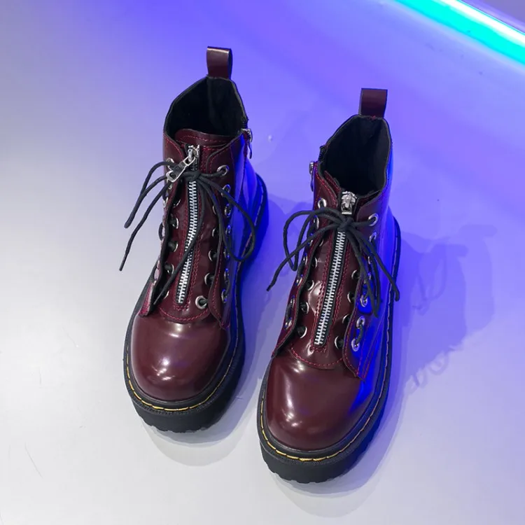 Zipper red LMCAVASUN New Black Combat Boots Women Leather Platform Boots Martin Punk Ankle Boots Women Shoes Zip Lace Up Casual Botas Mujer - Цвет: Zipper red