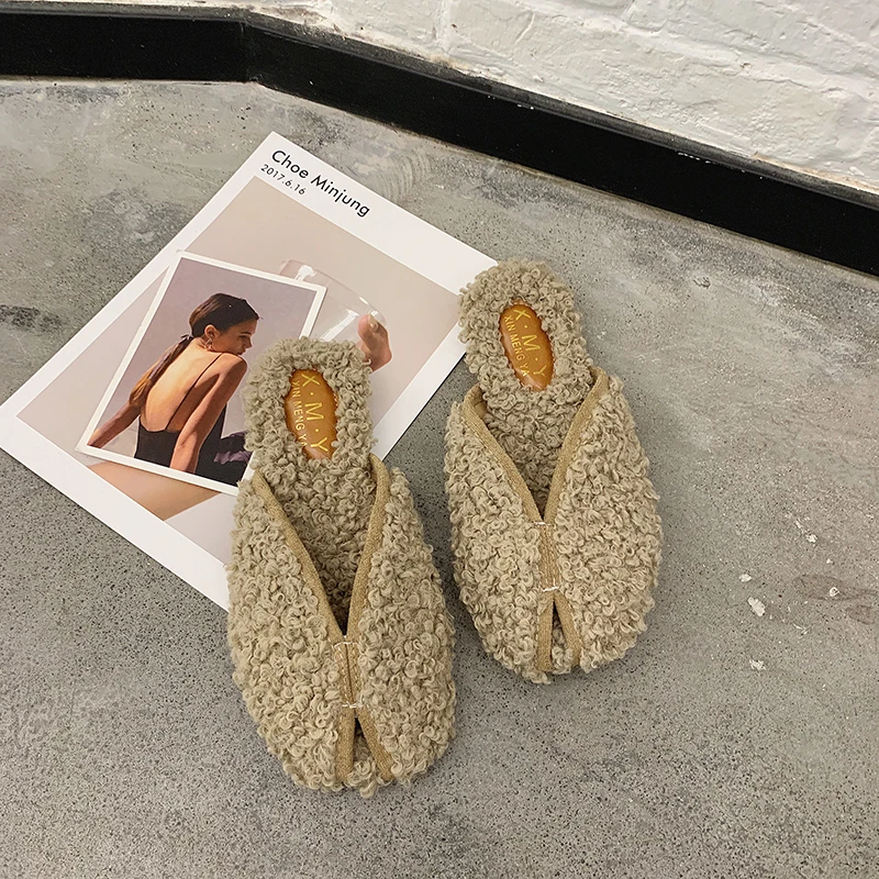 Wool roll slippers korean flats close toe winter woman fur slides brief solid casual lazy flip flops female furry loafers plush