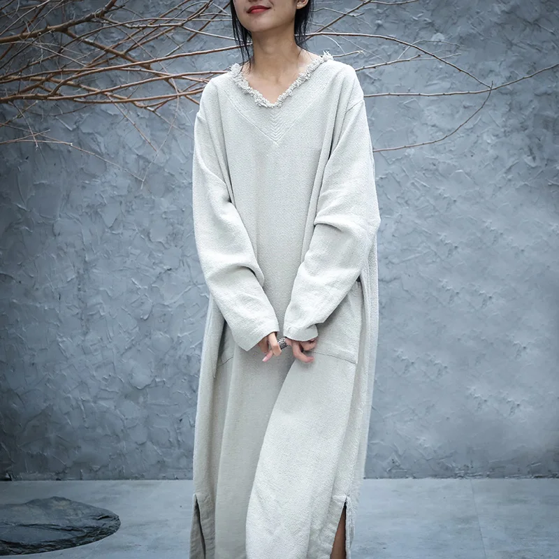 Light gray Johnature женское хлопковое льняное платье с толстым v-образным вырезом и длинным рукавом осеннее Новое повседневное женское теплое платье с карманами - Цвет: Light gray