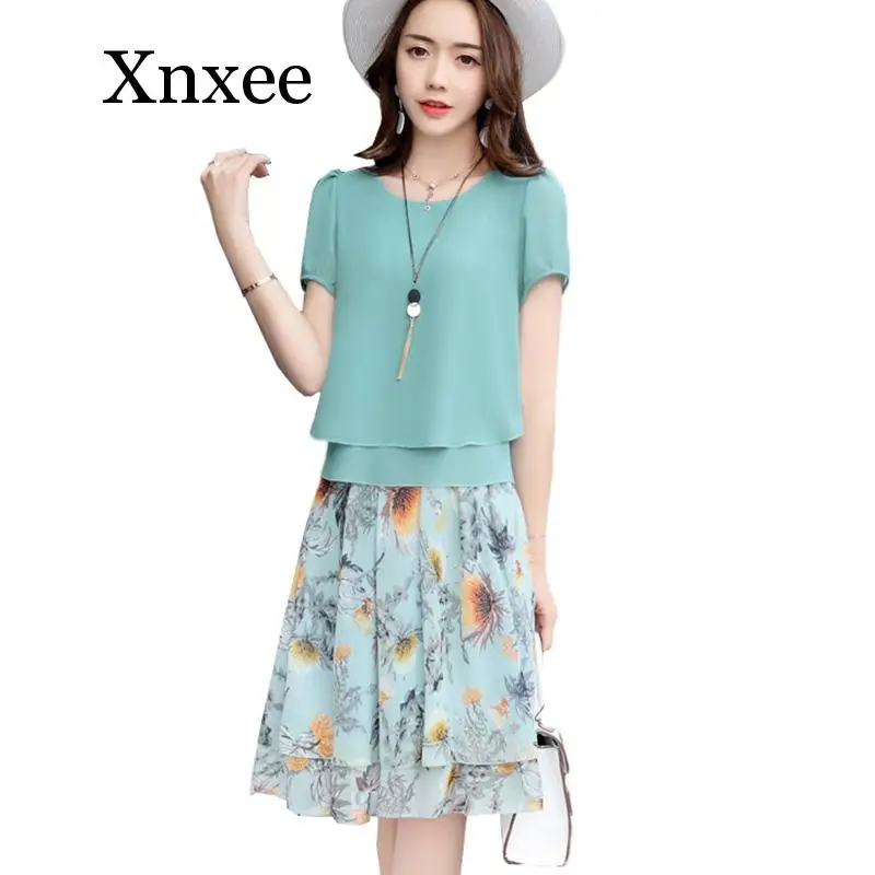 

Two Piece Set Women Skirt Set New Short Sleeve Tops+Printed Skirt Chiffon Summer Set Elegant Womens Clothing