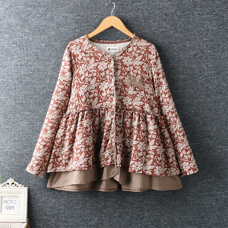 Harajuku Women Autumn Shirts Japanese Mori Girl Printed Sweet Loose Doll Shirt Long Sleeve Cotton Blouse Womens Tunic Tops