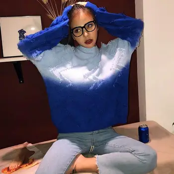 

Autumn Winter Sweet Women Loose Casual Gradient Tassel Pullover Sweater Women's Gradient Loose Lazy O-Neck Sweater