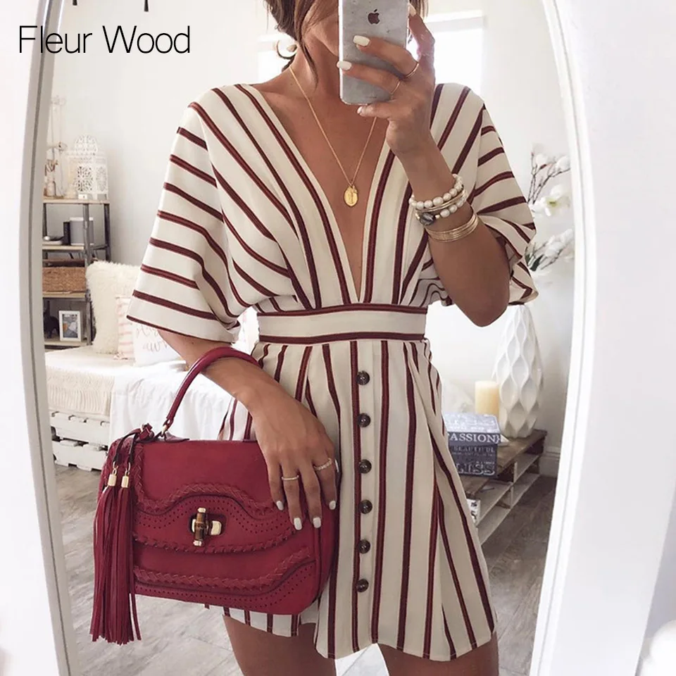 Fleur Wood Deep V Neck Dress Women Summer Striped Print Short Sleeve Button Casual Streetwear A-Line Loose Vintage Dress Vestido