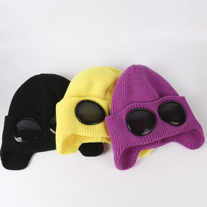 Fashion Cool Cashmere Knitted Hat With Sunglasses Female Winter Sports Cap Protect Neck Warm Outdoor Skiing Cap