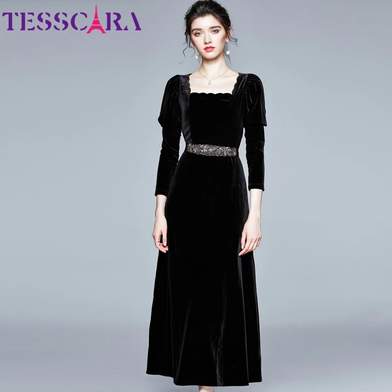 Женское зимнее длинное платье TESSCARA элегантное вельветовое высокого качества