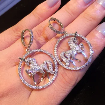 

Unique Design Women Luxury 925 Sterling Silver Earrings Cute Unicorn Shine Zircon Dangle Drops Earrings Wedding Party Jewelry