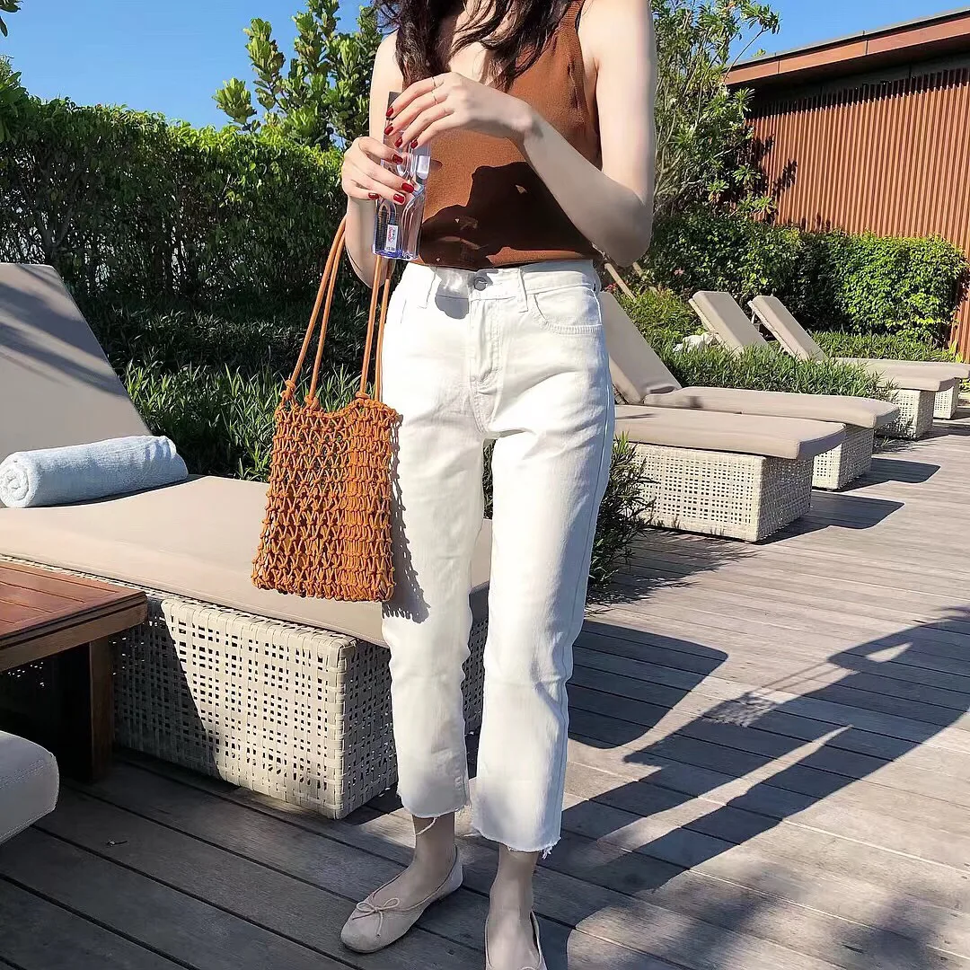 New Style Simple White Fringed Ankle-length High-waisted Jeans Wom