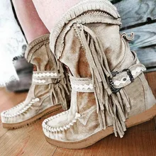MoneRffi/женские короткие ботинки с кисточками и круглым носком; ботинки с пряжкой на ремешке в этническом стиле; теплые Нескользящие ботинки; женская обувь; Botas Mujer