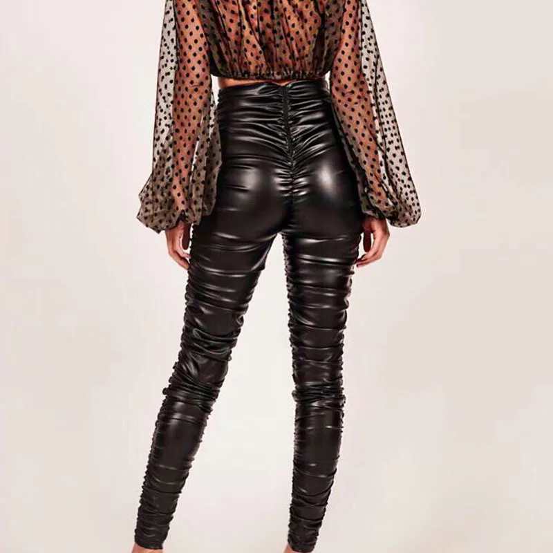 

2019 Autumn Winter Casual Women Long Pants Zipper Pleated High Waist Trousers PU Leather Skinny Pencil Pants Black
