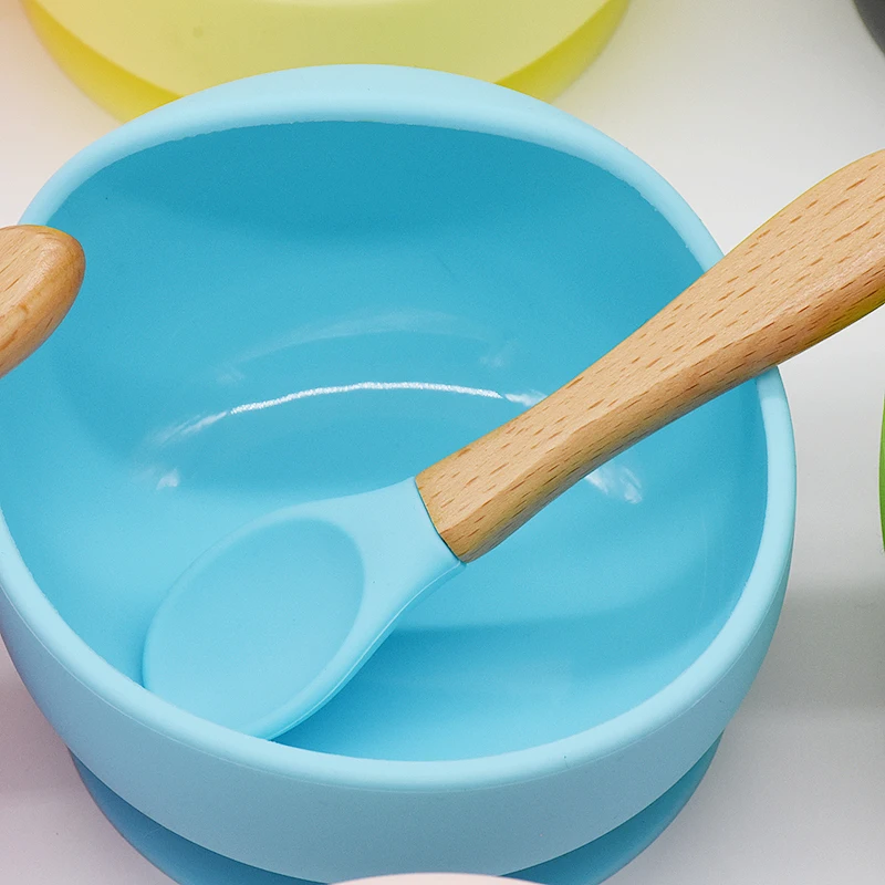 Silicone Baby Feeding Bowl Wood Spoon Set Baby Dinner Plate Suction Bowl Non Slip Baby Eating Set Tableware Dinnerware Bpa Free Dishes Aliexpress