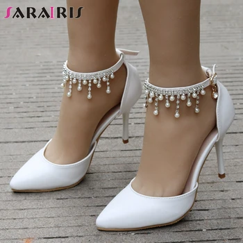 

SARAIRIS Ladies Sexy High Thin Heels Bridal Sandals Sweet Pearl Chains Sandals Women Elegant Pointed Toe Shoes Woman